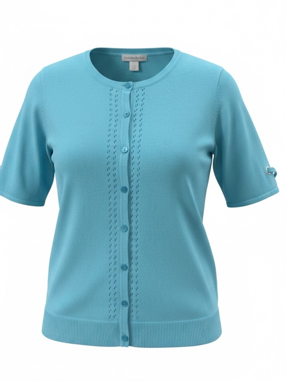 CJ Banks Turquoise Knit Cardigan Top Short Sleeves with Eyelet Detail SZ L NWT